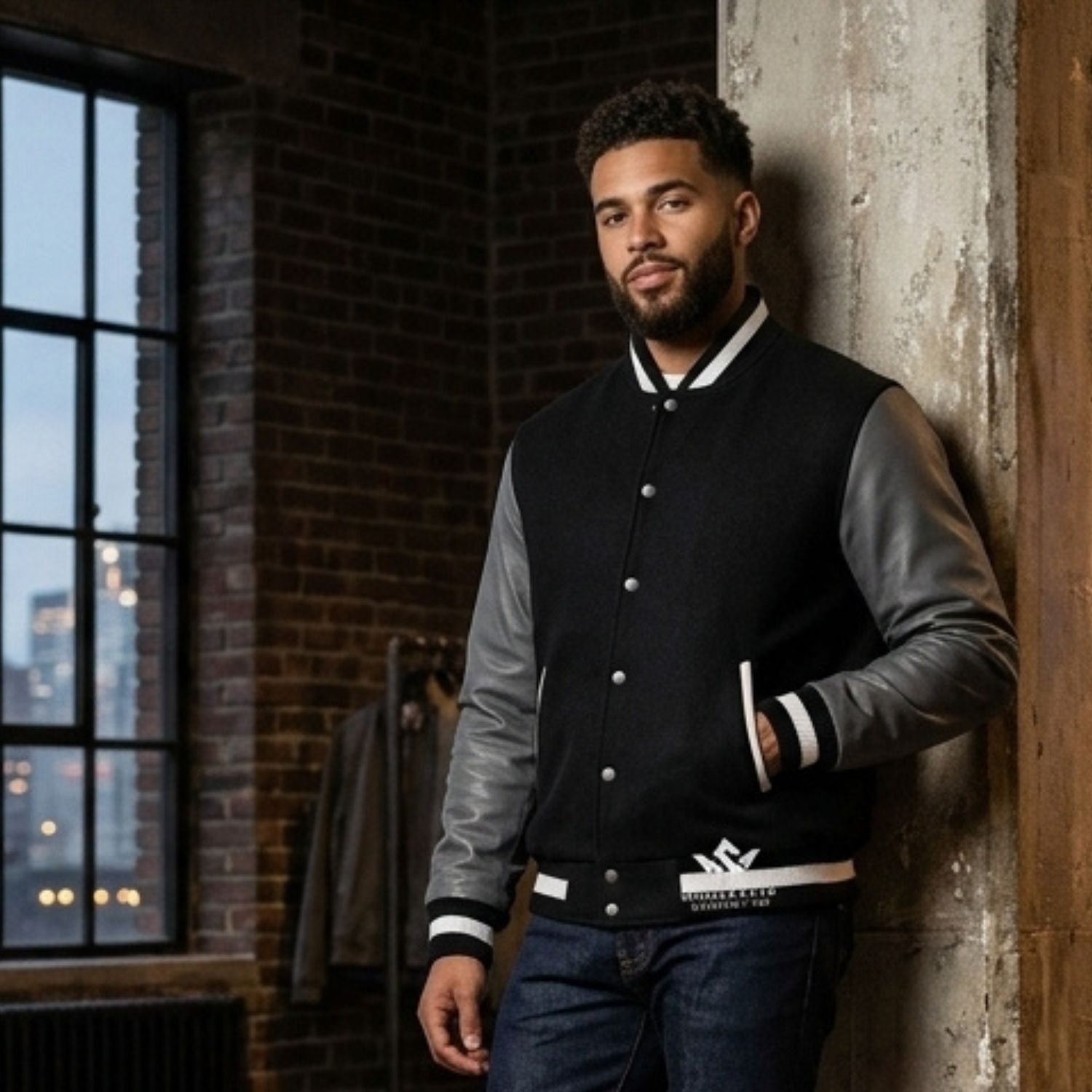 Black Baseball Jacket With Leather Sleeves