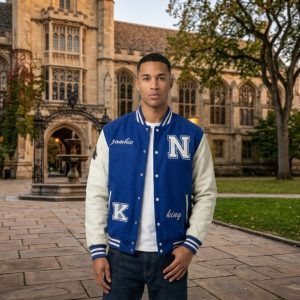 Blue Letterman Jacket With Embroidery